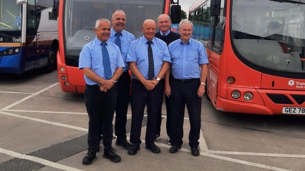 From left to right are Vinnie Morrison (45 years), Andy McGillan (35 years), George Curry (50 years), Trever Tracey (17 years) and Jim Kelly (36 years)