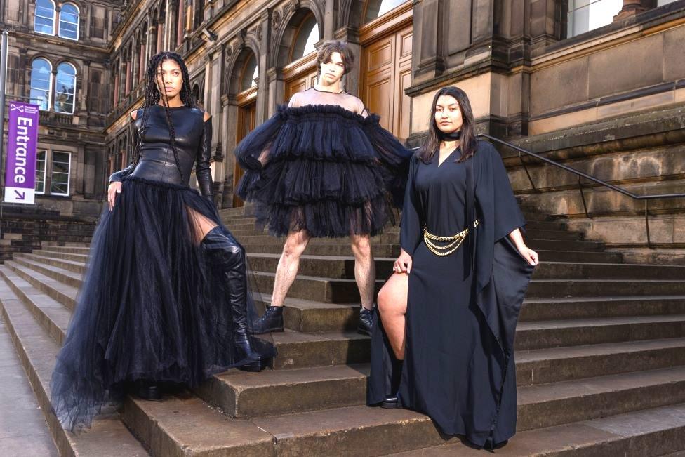 Models (L-R) Grace Dempsey, Joshua Cairns and Shannon Summers arrive at the National Museum of Scotland ahead of the opening of Beyond the Little Black Dress