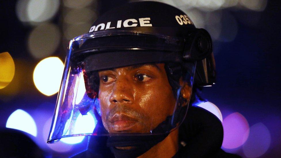 A policeman dressed in riot gear in Charlotte, North Carolina