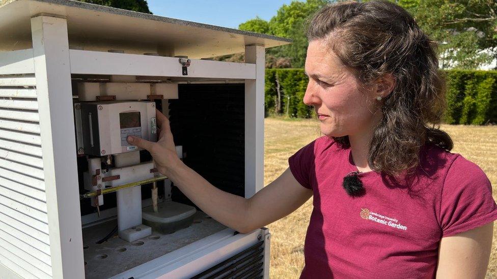 Katie Martyr, assistant horticulturist, at the weather station in the Botanic Garden