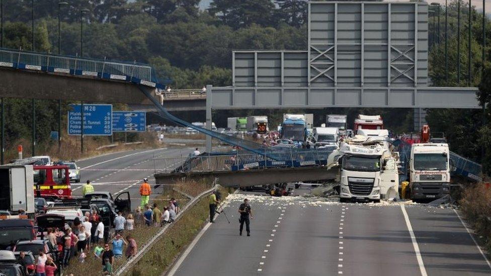 Scene of the bridge collapse on the M20 in Kent