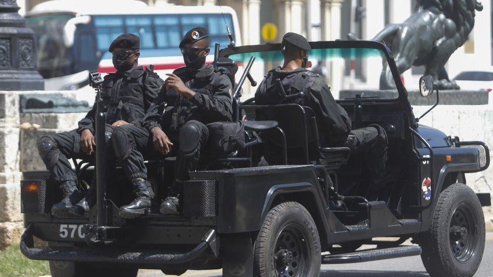 Special forces troops patrol at Prado Avenue following the protests in Cuba, Havana on July 21, 2021.