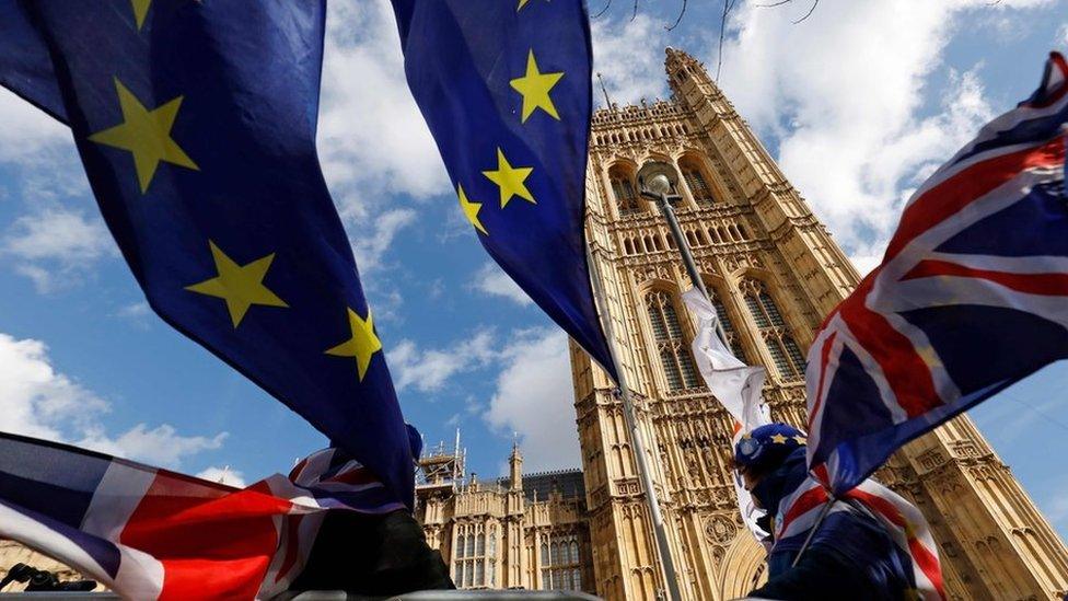 Flags blowing in the wind outside the Houses of Parliament in London