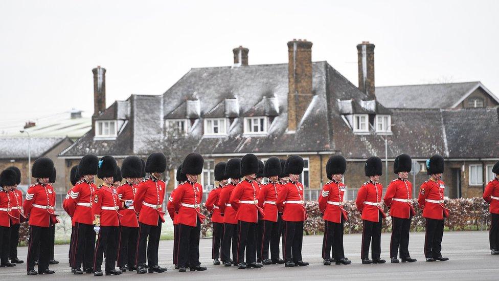 Soldiers stand to attention in the snow