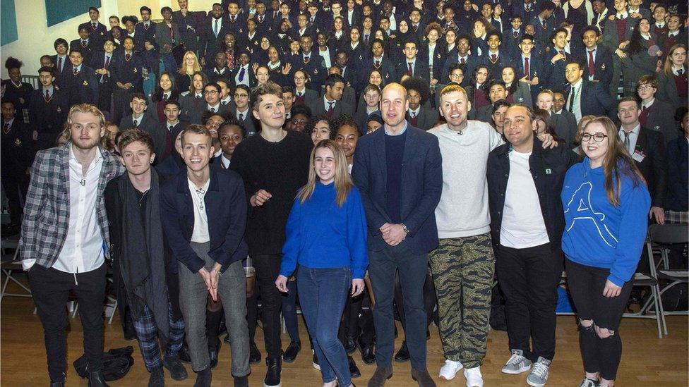 Prince William, Professor Green and a crowd of pupils