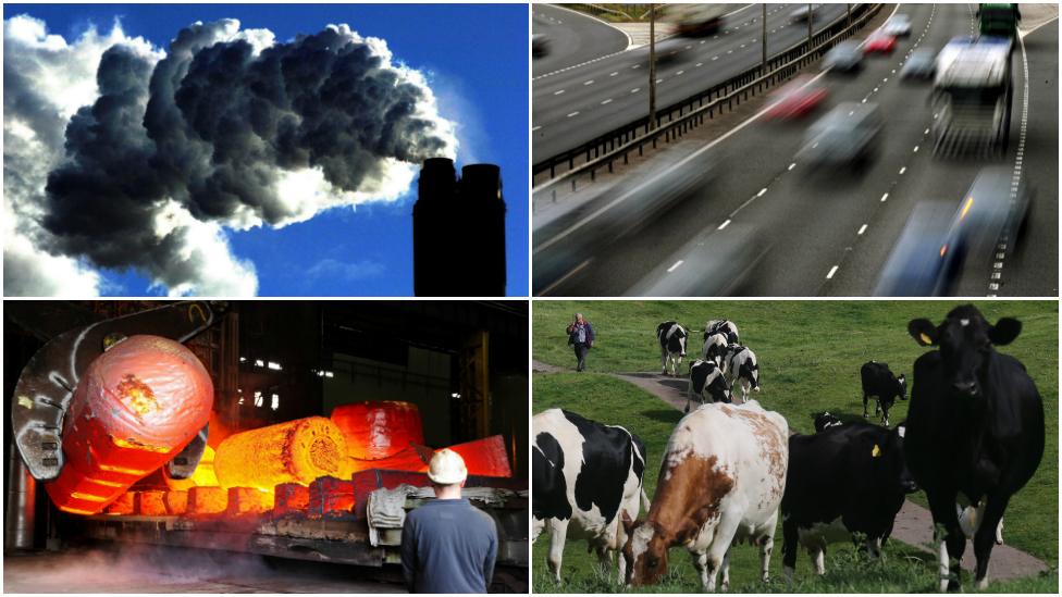 A cooling tower, cars on a motorway, steel making and dairy cattle