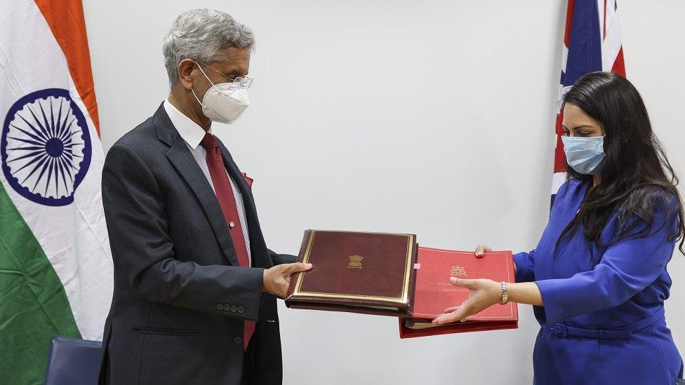 G7 meeting: Home Secretary Priti Patel Bilat (right) with Subrahmanyam Jaishankar from India. Home Office.