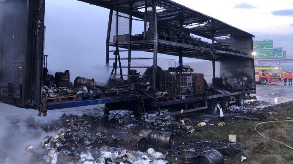 Lorry after catching fire on A14 in Brampton