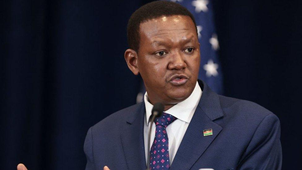 Alfred Mutua, Cabinet Secretary for Foreign and Diaspora Affairs of Kenya, speaks during a joint press conference with US Secretary of State Antony Blinken at the State Department in Washington, DC, on April 24, 2023.