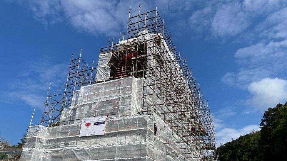 The Laxey Wheel covered in scaffolding