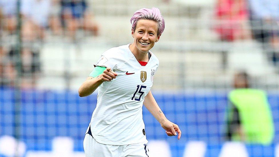 Megan Rapinoe of the United States celebrates after scoring a goal during the 2019 FIFA Women's World Cup France last-16 match between Spain and USA