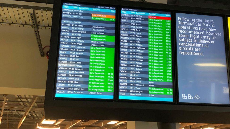 Departures board at London Luton Airport