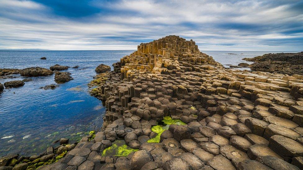 The Giant's Causeway in Northern Ireland, formed of hexagonal rock patterns