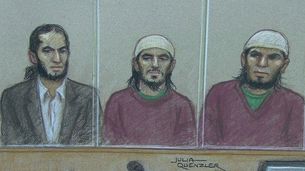 Court drawing / courtroom sketch: Haseeb Hamayoon, Nadir Syed, Yousef Sayed at Woolwich Crown Court