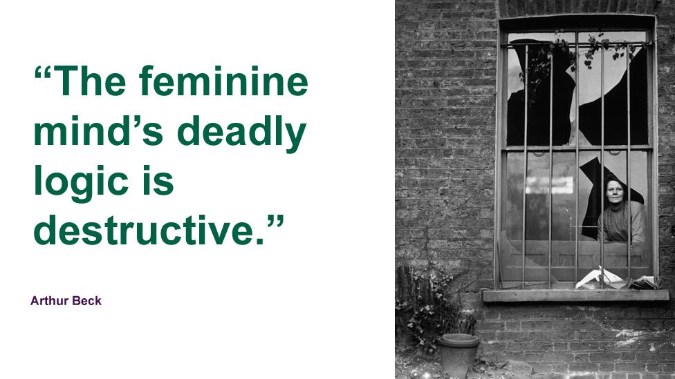 A woman peers through a shattered window the day after a bomb attack by suffragettes on nearby Holloway prison, 19 December 1913.