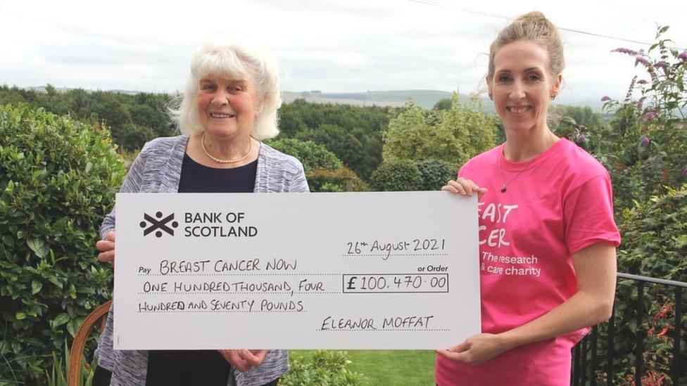 Great-grandmother Eleanor, pictured with Linsey Valiente from Breast Cancer Now, has no plans to stop fundraising