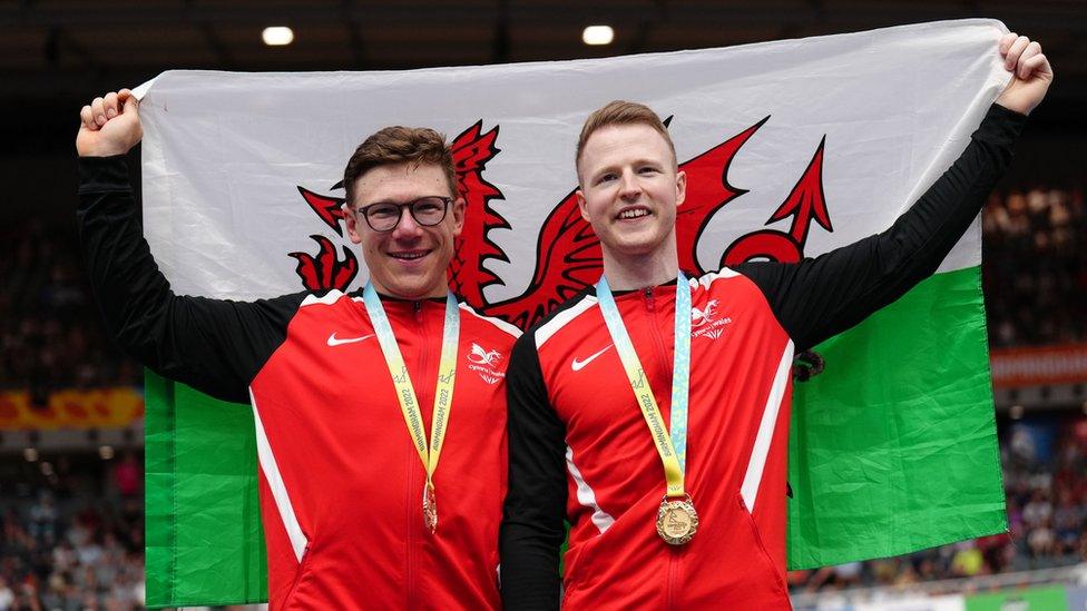 James Ball and Matthew Rotherham with their Gold Medals after the Men's Tandem B Sprint.