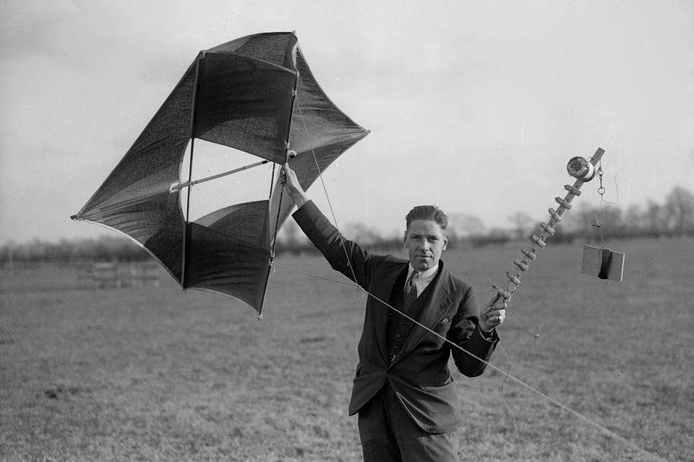 Robert Watson Watt experiments with a kite and a wireless transmitter in Berkshire, UK in the 1930s