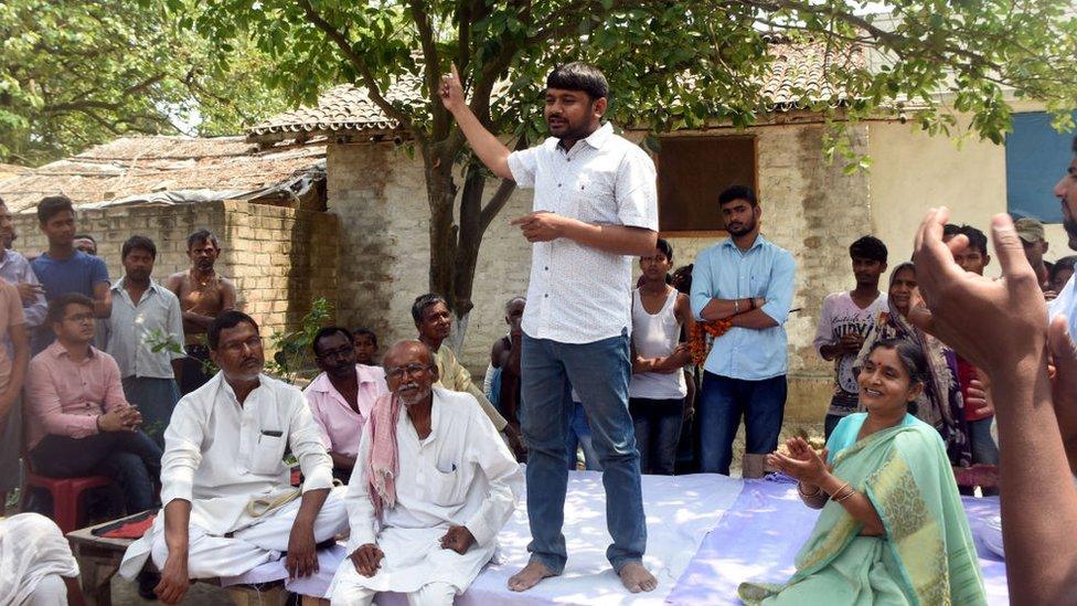 Kanhaiya Kumar CPI Candidate for Begusarai Lok Sabha seat addresses people of rural area on April 2, 2019 in Begusarai, India.