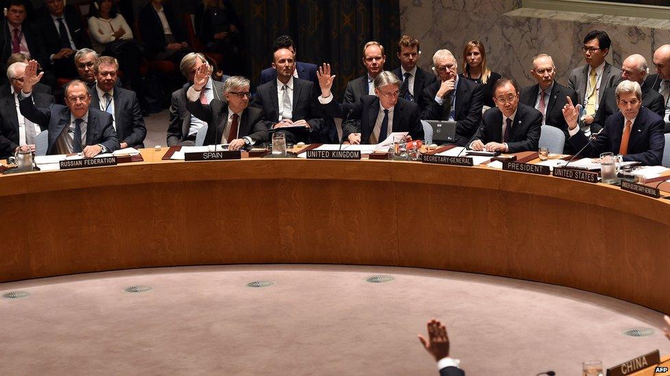 Russian Foreign Minister Sergey Lavrov, Spanish Foreign Minister Jose Manuel Garcia-Margall, British Foreign Secretary Philip Hammond, UN Secretary General Ban Ki-moon and US Secretary of State John Kerry vote during a UN Security Council meeting on Syria December 18, 2015.