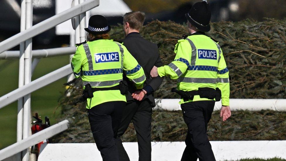 Protesters being arrested by police at Aintree