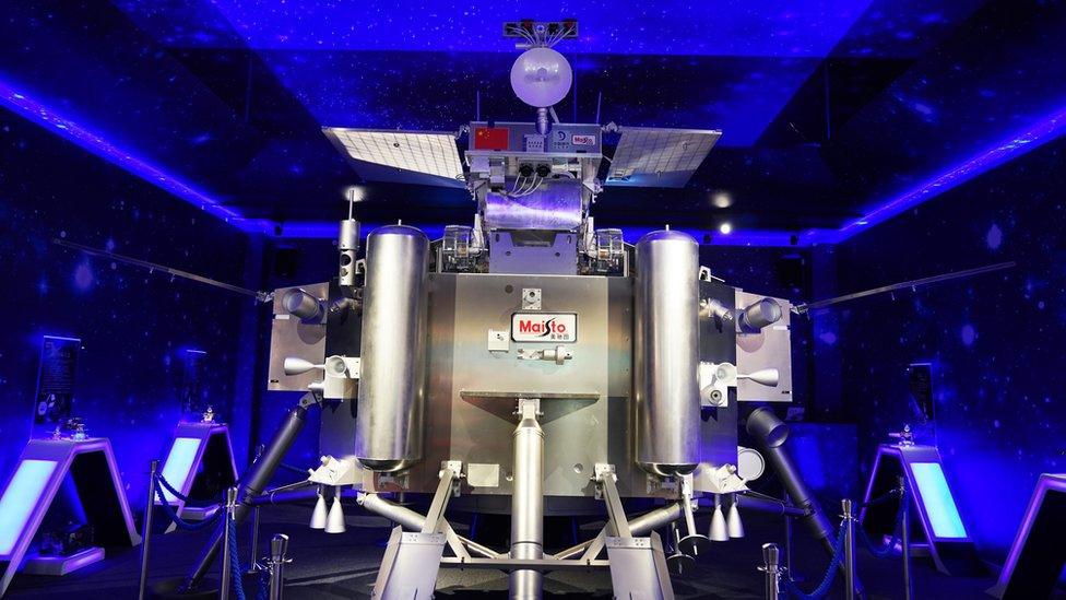 A mock-up of the Chang'e-4 lander and rover, on display in Dongguan, China