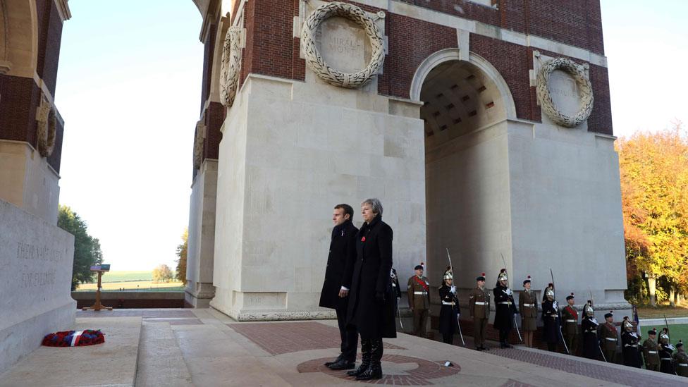 Theresa May and Emmanuel Macron at the World War One French-British memorial of Thiepval, northern France