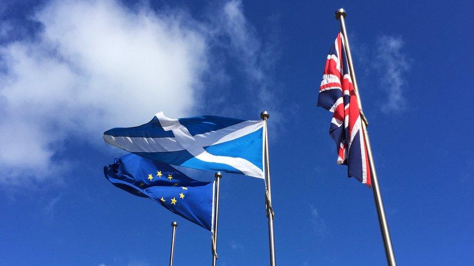 EU, Scotland and UK flags