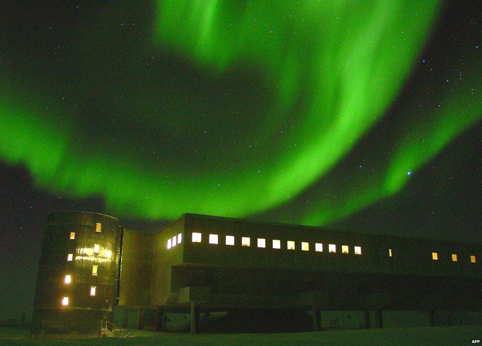 The southern lights, over the geodesic dome at the National Science Foundation's Amundsen-Scott South Pole station, 22 May 2002