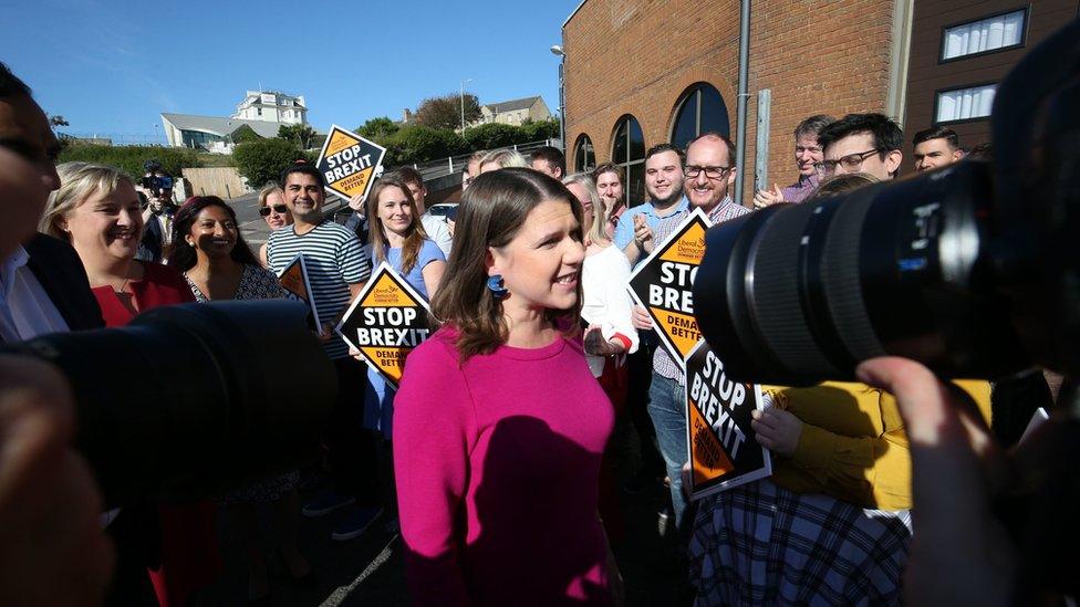 Jo Swinson surrounded by party members at the start of the Lib Dem conference in Bournemouth on 14 September 2019