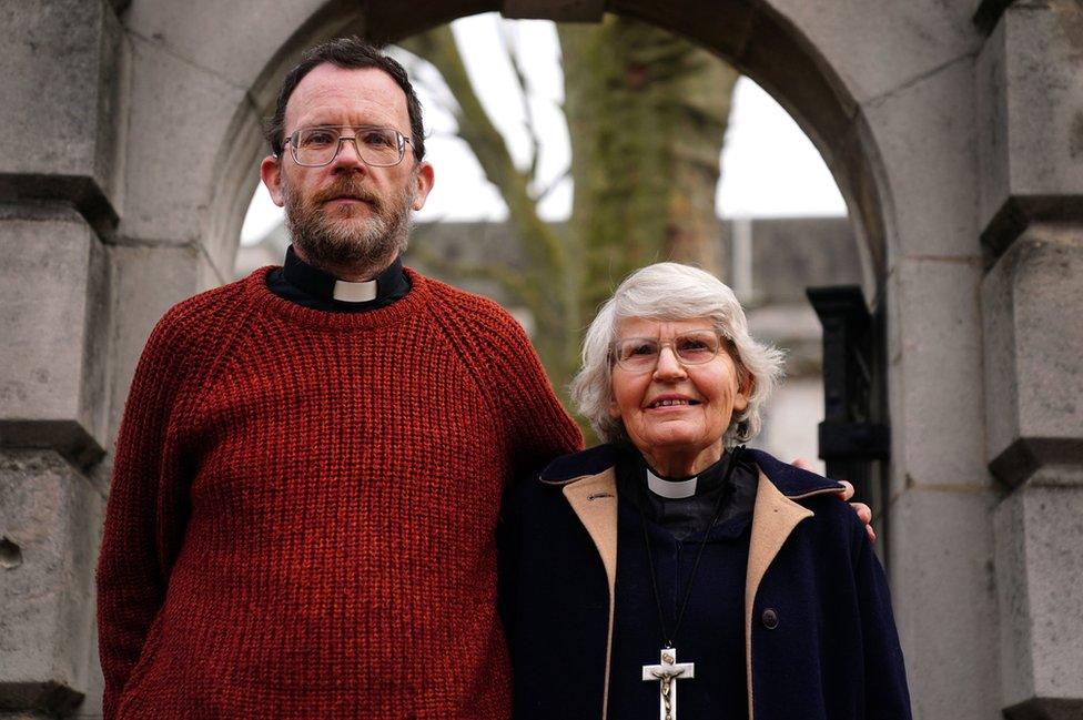 Extinction Rebellion activists Father Martin Newell and Reverend Sue Parfitt, 79, outside Inner London Crown Court,