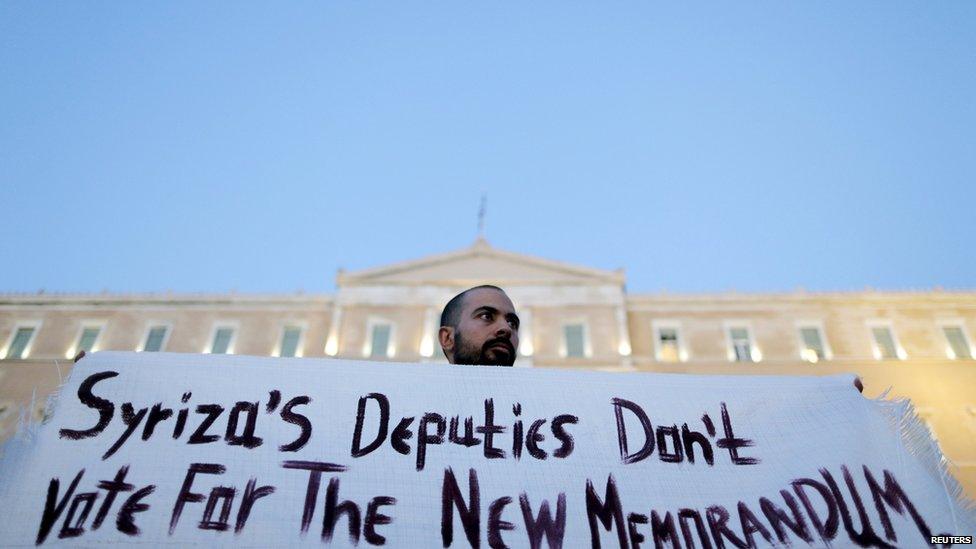 An anti-EU protester holds a banner in front of the parliament building in Athens