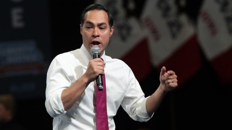 Democratic presidential candidate Julian Castro speaks at the Liberty and Justice Celebration at the Wells Fargo Arena