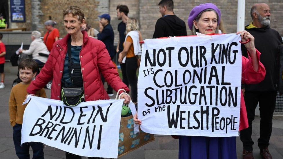 Protest outside Cardiff castle at the time of the King Charles proclamation