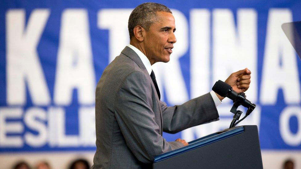 President Barack Obama delivers remarks at the Andrew P Sanchez Community Center in New Orleans, 27 August for the 10th anniversary since the devastation of Hurricane Katrina.