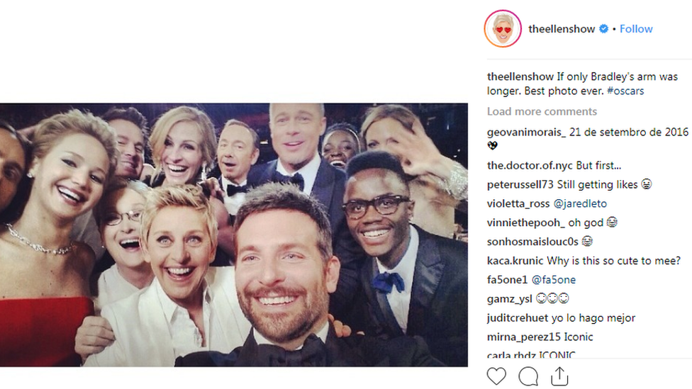 Image shows a post by TV host Ellen, showing celebrities at the Oscars