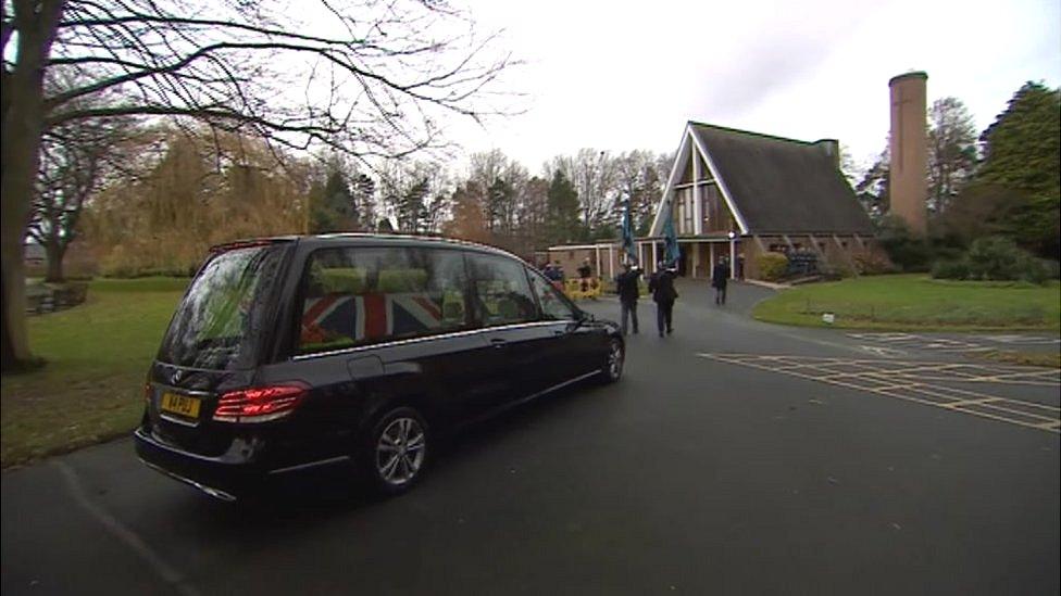 The hearse arrives at the funeral of Ron Smyth, held at Emstrey Crematorium in Shrewsbury