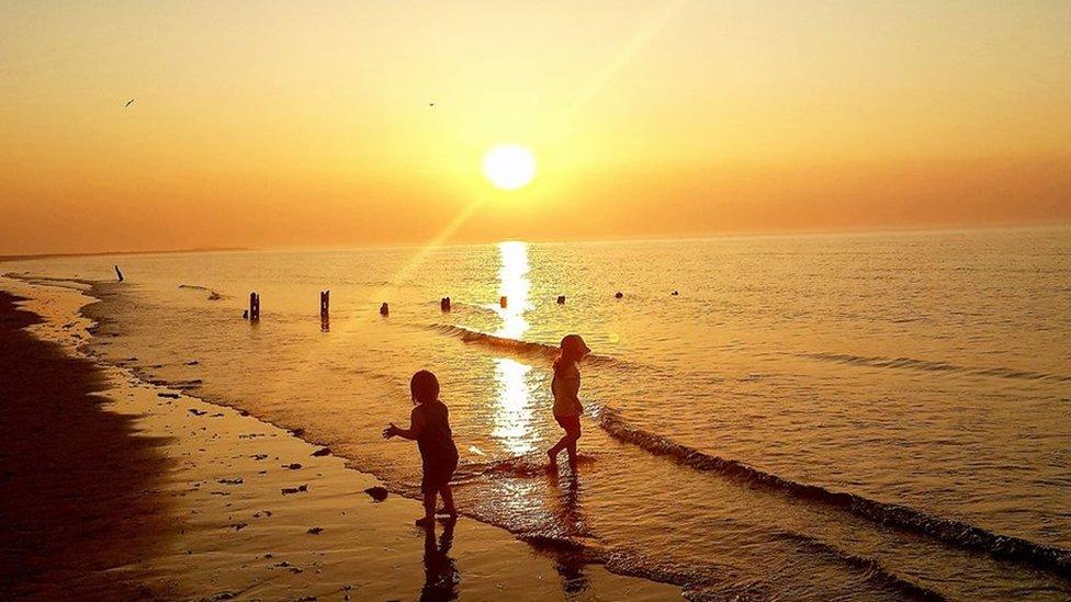 Elsa and Cleo in silhouette on a beach