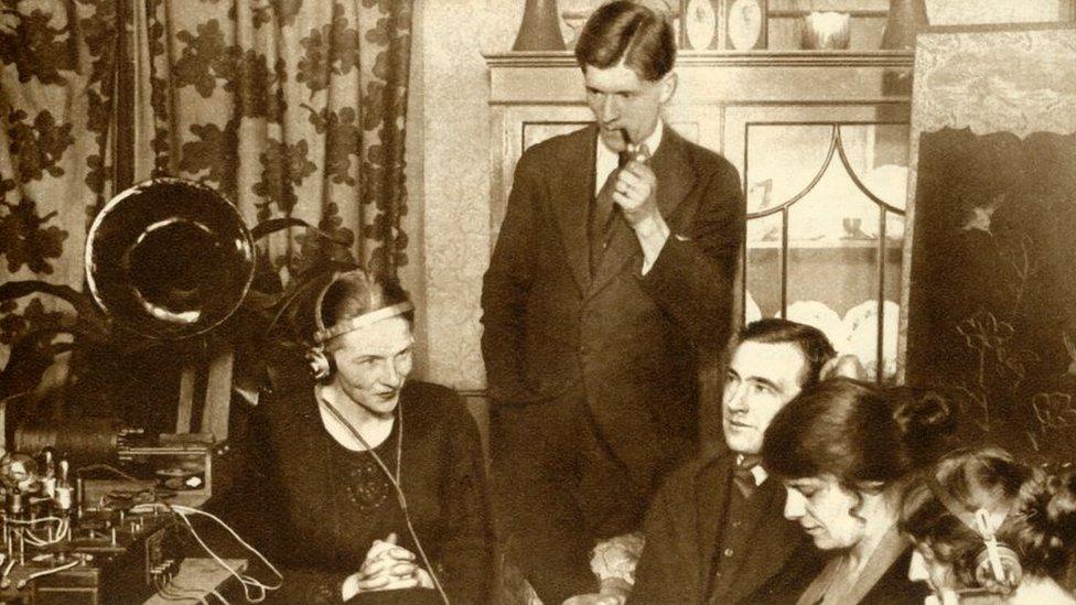 A family listens to the results of the 1923 election on the wireless