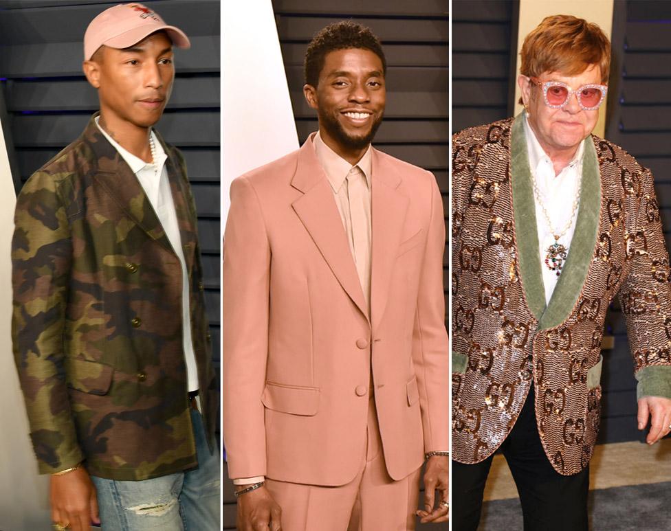 L to R: Pharrell Williams, Chadwick Boseman and Sir Elton John