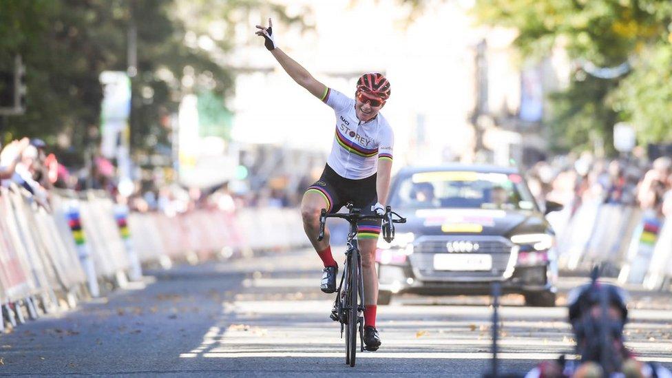 Dame Sarah Storey of Great Britain crosses the finish line in Harrogate