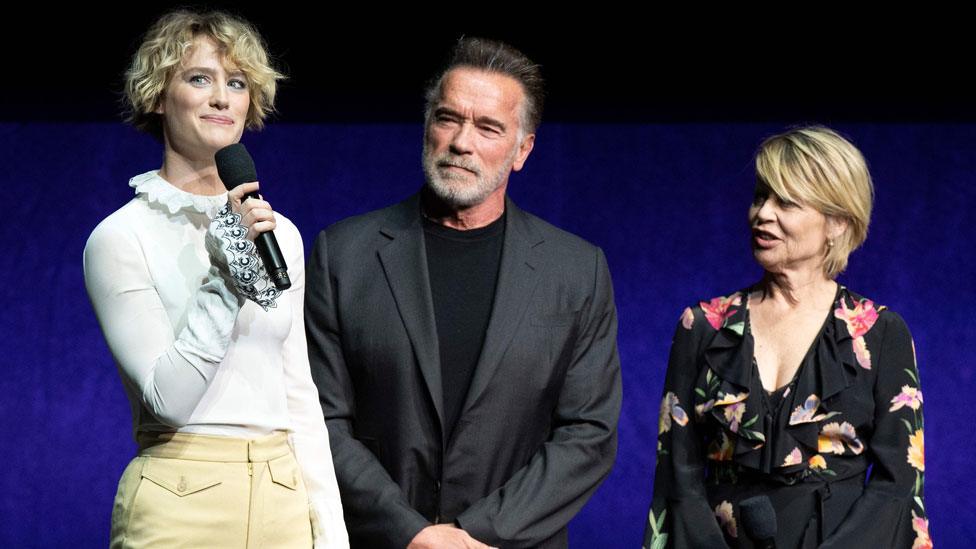 Mackenzie Davis, Arnold Schwarzenegger and Linda Hamilton