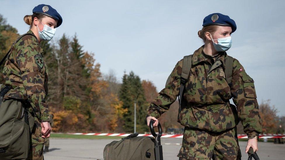 Swiss army reservists wearing protective face masks, 8 November 2020