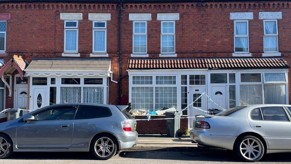 A cordon at the crime scene in Dovey Road, Birmingham