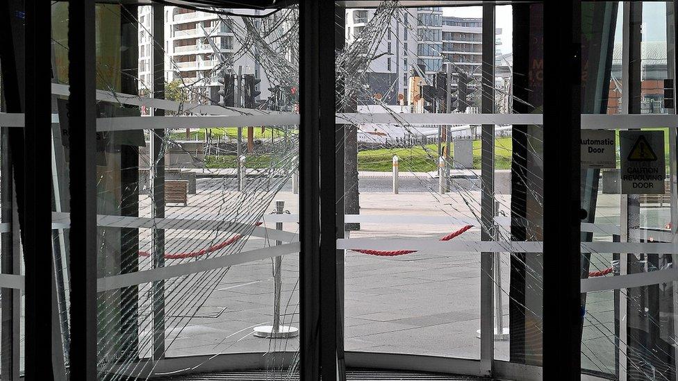 Damage to the doors of the Titanic Museum in Belfast