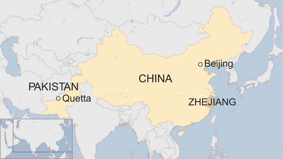 Map showing Quetta in Pakistan and Zhejiang in China