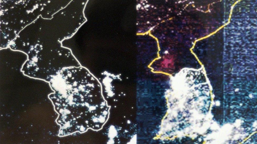 Two satellite photos show the Korean Peninsula at night