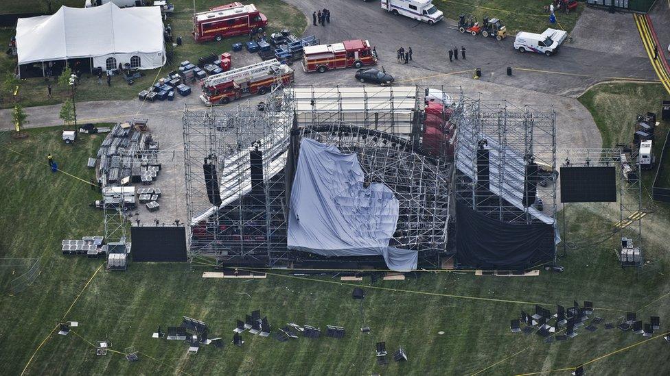 An aerial view shows the collapsed stage roof in Toronto's Downsview Park