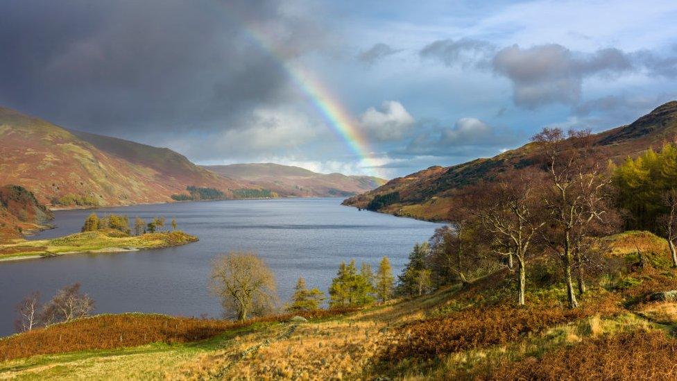 View of a rainbow over Haweswater