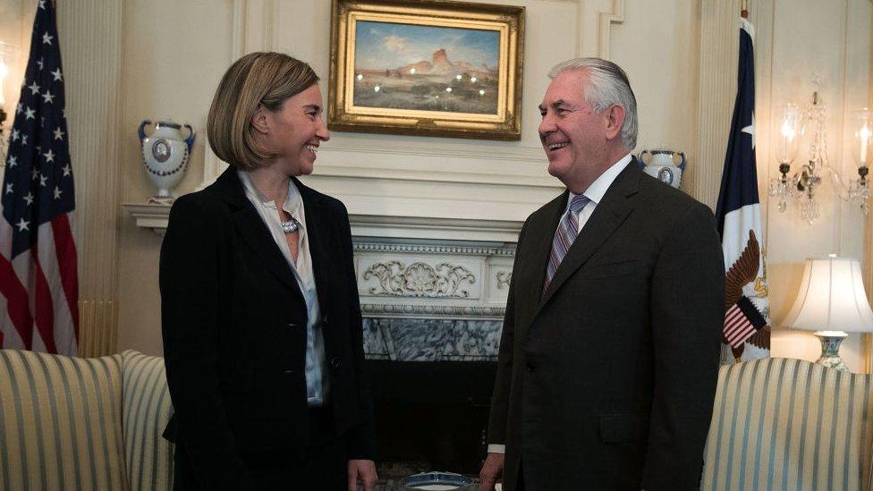 U.S. Secretary of State Rex Tillerson (R) meets with European Union High Representative Federica Mogherini (L) at the State Department February 9, 2017 in Washington, DC